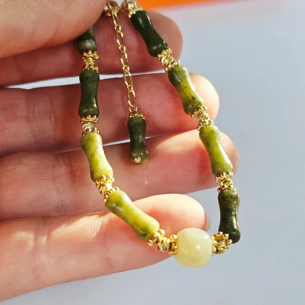 NIB Green Jade Bamboo Link Bracelet Gold Tone Beaded Accent 7.5